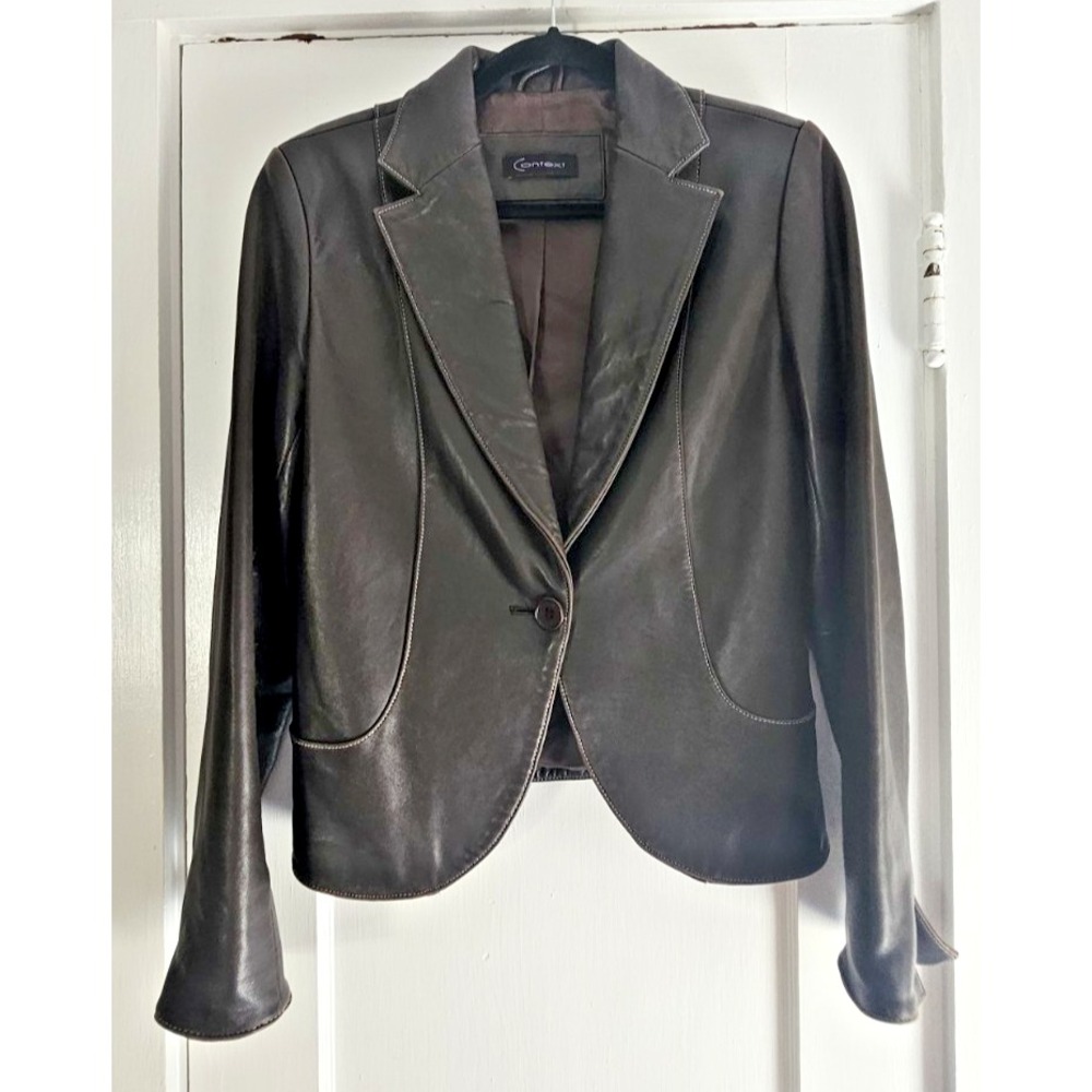 VINTAGE Context brown leather woman's 8 blazer notch lapels topstitching